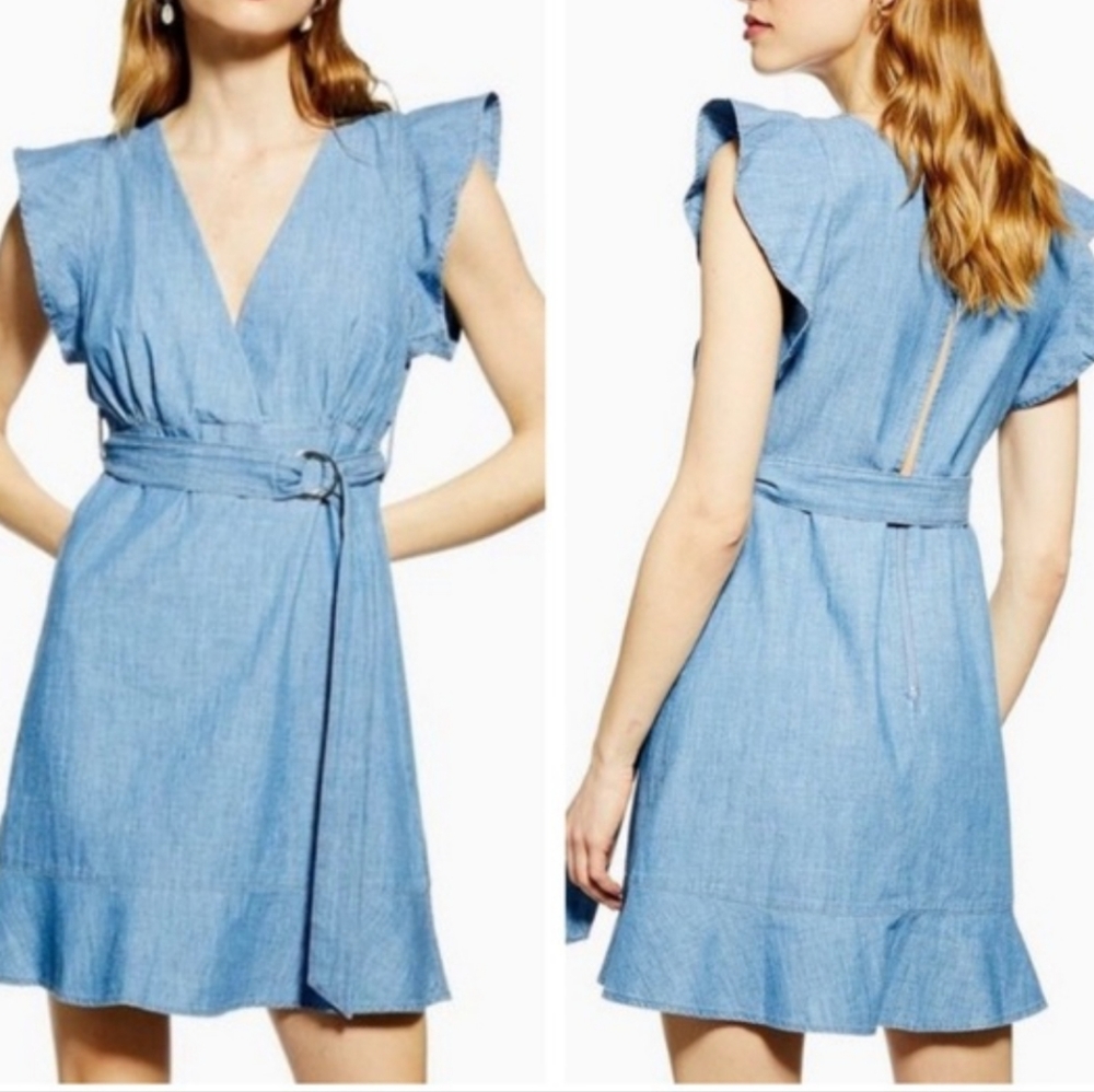 TOP SHOP Women's Demin Ruffle Mini Dress - Picture 1 of 13